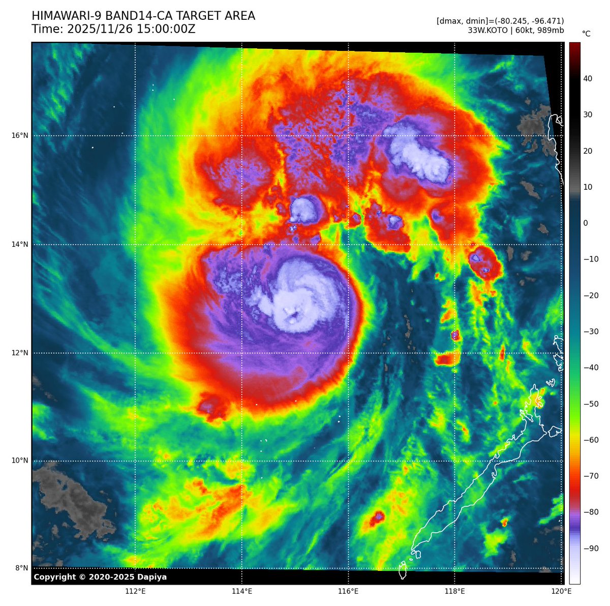 yunyan350's tweet image. #WesternPacific
#tropicalcyclone
#SouthChinaSea
#typhoon
目前33w–KOTO正在南中國海一帶緩慢發展中目前該熱帶氣旋已接近TY/Cat1強度標準，近況的風場顯示該系統已具有颱風完整的環圈結構且正中心風速開始縮小，而EIR顯示其CDO卷繞CSC它將構建出屬於自己的颱風眼來。