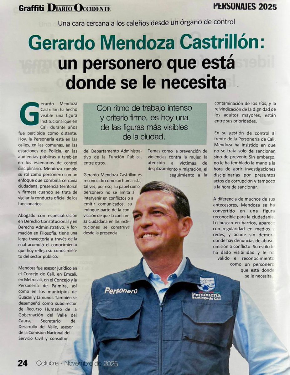 personeriacali's tweet photo. Gerardo Mendoza Castrillón fue reconocido como uno de los Personajes 2025 del Valle del Cauca, un logro que destaca su presencia activa en los territorios y su compromiso por acercar la Personería de Cali a la ciudadanía. Su estilo cercano, su capacidad de respuesta y su labor en escenarios comunitarios lo han convertido en una de las figuras públicas más visibles del año.

Con trabajo firme y criterio claro, Mendoza ha logrado que la gente sienta a la Personería como una institución que acompaña, escucha y actúa.

@gerardomcastri @Diarioccidente