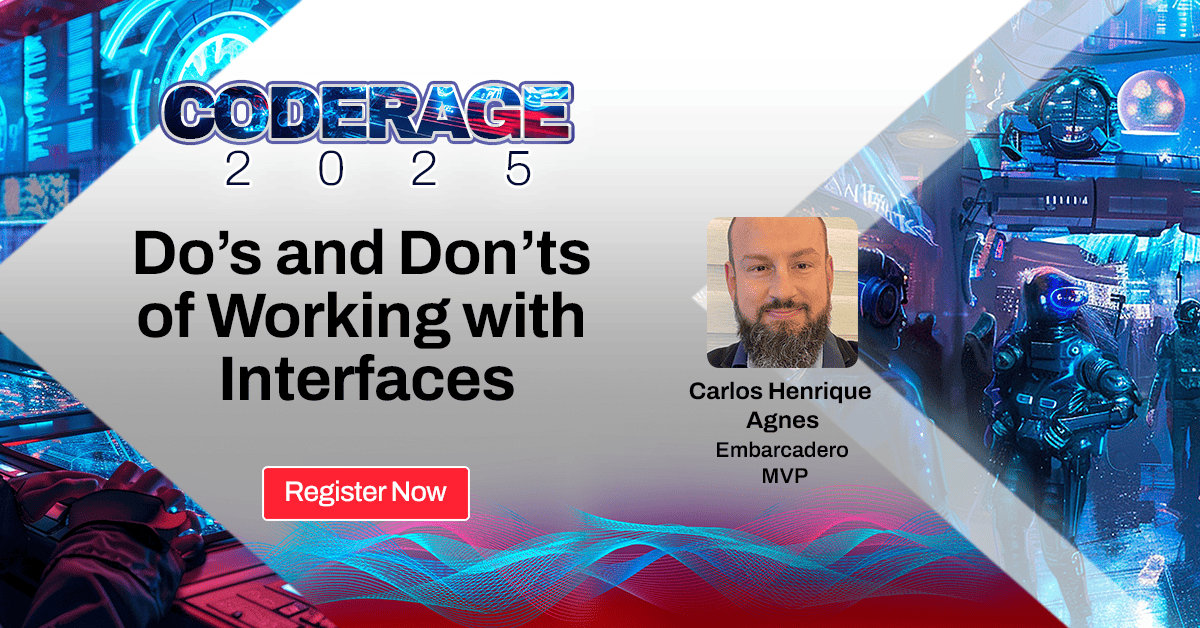 EmbarcaderoTech's tweet image. Struggling with #Delphi interfaces? 🤔

Join Carlos Agnes to learn about common pitfalls, memory tips, and best practices for harnessing the full power of interfaces in your Delphi apps.

Register now: tinyurl.com/CodeRage-2025-… 

#CodeRage2025 #Developers #Coding