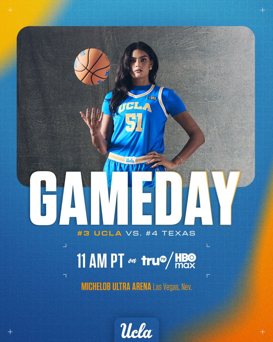 Wake up! It’s gameday in Las Vegas!

🆚: No. 4 Texas  
🏟️: Michelob ULTRA Arena
📍: Las Vegas, Nev.
🕕: 11 am PT
📺: truTV + HBO Max
📻: bit.ly/UCLA_Radio
📊: bit.ly/UCLALiveStats

#GoBruins