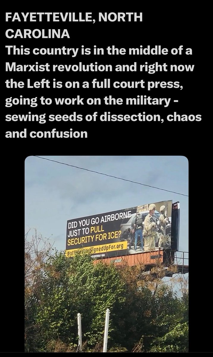 I believe this is a classic 5GW information operation designed to destroy our service-member’s confidence in the civil authority led by <a href="/realDonaldTrump/">Donald J. Trump</a> as Commander-in-Chief.  This just popped up outside Fort Bragg. <a href="/SecWar/">Secretary of War Pete Hegseth</a> <a href="/Sec_Noem/">Secretary Kristi Noem</a> <a href="/TulsiGabbard/">Tulsi Gabbard 🌺</a> <a href="/NCTCKent/">NCTC Director Joe Kent</a>