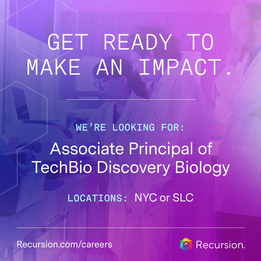 RecursionPharma's tweet image. 🚀 Want to work on the cutting edge of AI drug discovery?

We’re looking for an Associate Principal of TechBio Discovery Biology in our Salt Lake City or New York City office.

✨ About the role:

▪️ You’ll be working at the intersection of technology and biology, and play a…