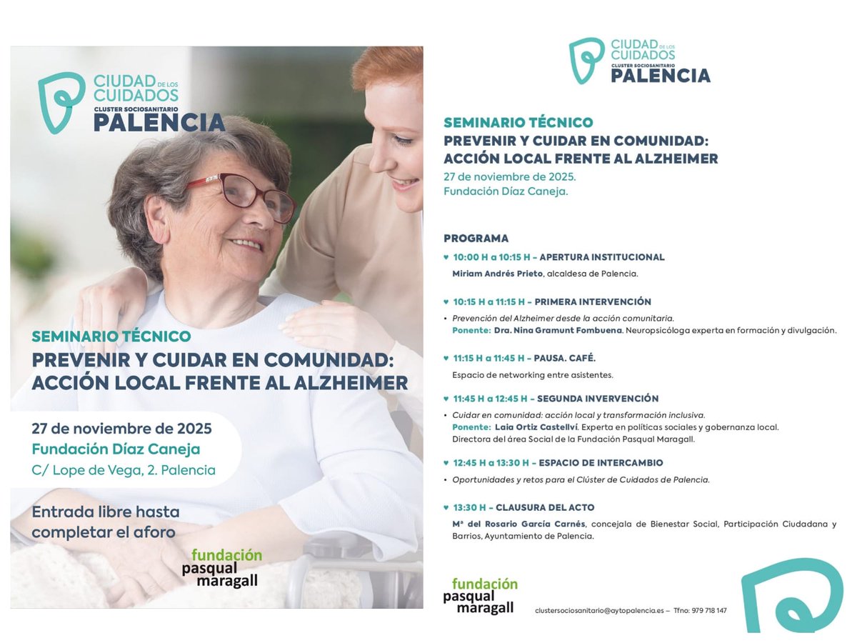 La Fundación Díaz Caneja acoge el 27 de noviembre,el seminario técnico Prevenir y cuidar en comunidad:acción local frente al #Alzheimer.Una #jornada, organizada por el #Clúster Sociosanitario ‘Palencia Ciudad de los Cuidados’ con Fundación Pasqual Maragall
aytopalencia.es/noticia/la-pre…