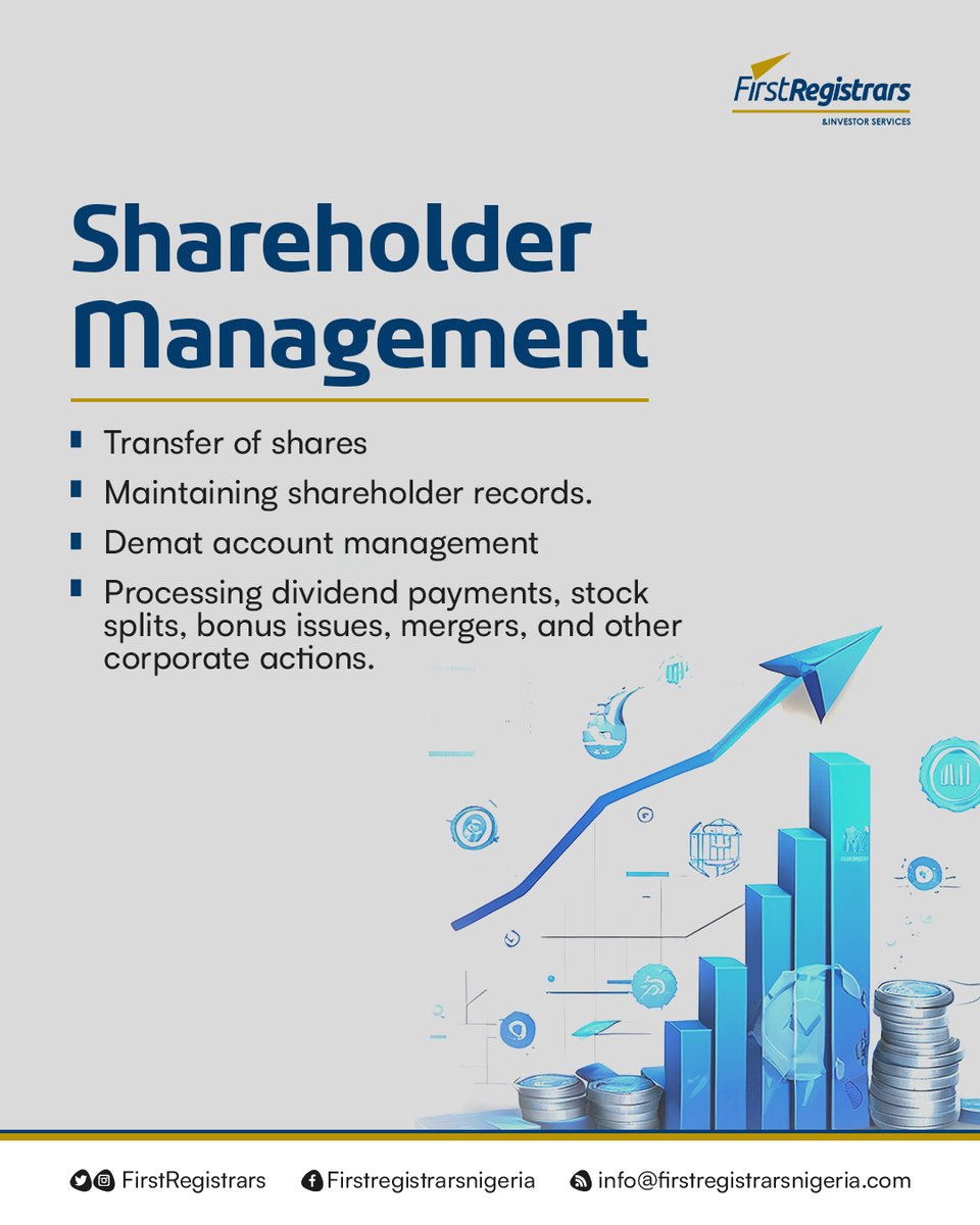 Shareholder Management simplified. We manage transfers, records, Demat accounts, dividends, and corporate actions. Reliability for your investors.

Get started: info@firstregistrarsnigeria.com

#CorporateFinance #InvestorServices