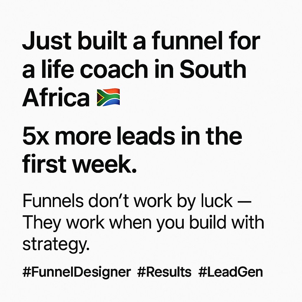 OlaoluwaAd78476's tweet image. The Polo of course 

(Portfolio/Personal Brand style for Twitter/X):

*Just built a funnel for a life coach in South Africa 🇿🇦*  
5x more leads in the *first week*.  

Funnels don’t work by luck —  
They work when you build with *strategy*.  
#FunnelDesigner #Results #LeadGen