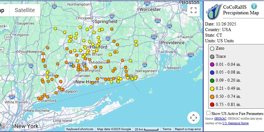 ☔ Decent rainfall last night with 1/3" to 2/3" in most towns. The heaviest rain fell along the shoreline with a bit less in the Hartford area.