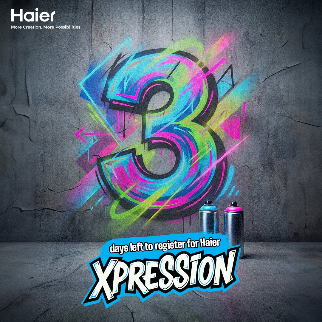 IndiaHaier's tweet image. The countdown begins. ⏳
3 days left to show the world what your art can do.
Register now and make your Xpression last forever.

#Haier #MoreCreationMorePossibilities #Xpression #RegistrationOpen