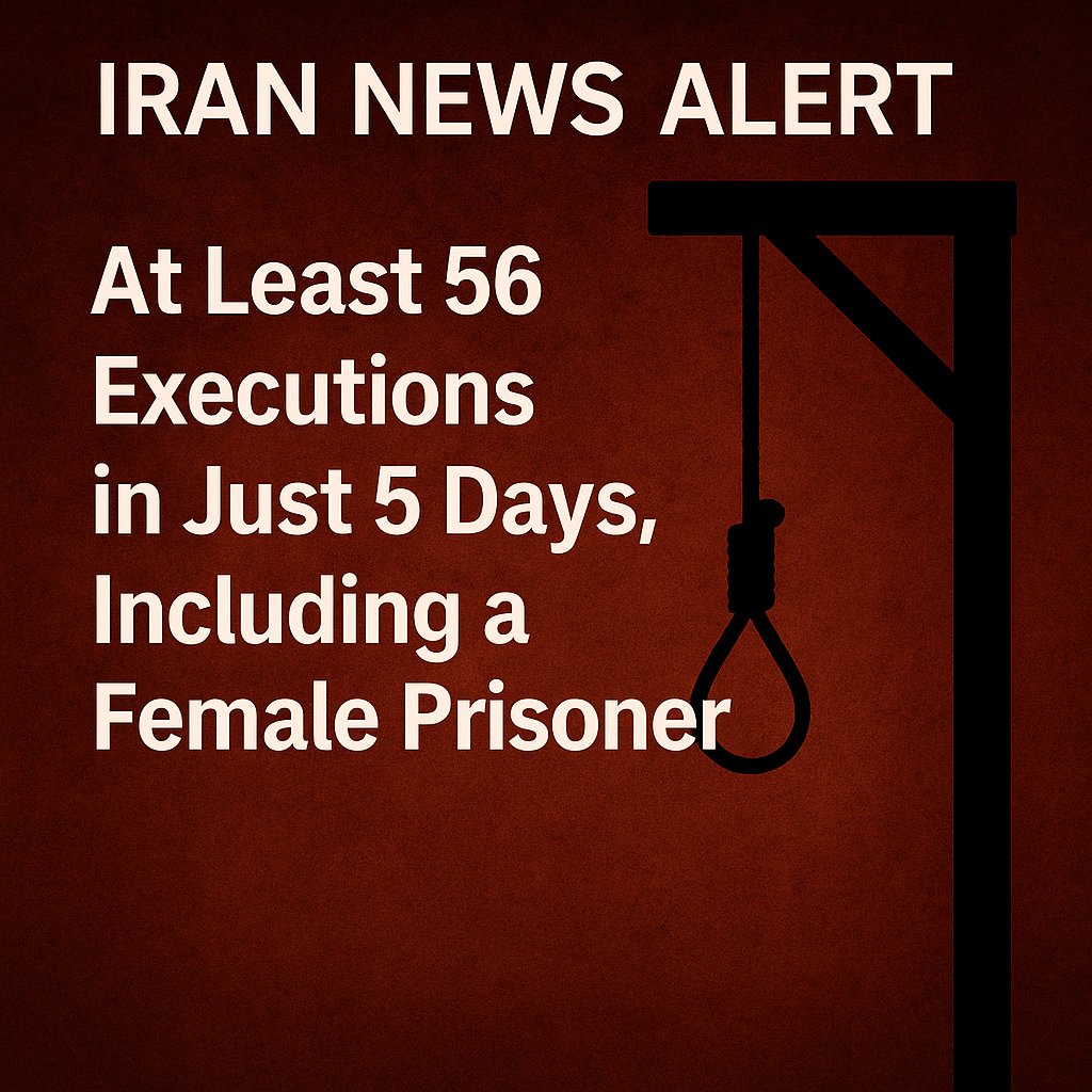 🚨 Iran News Alert: In just 5 days, from November 22–26 (the first days of the Iranian calendar month of Azar), at least 56 prisoners were executed in Iran — including one woman and one public hanging.
 Verified reports confirm 311 executions in Aban (Oct 23–Nov 21) alone.