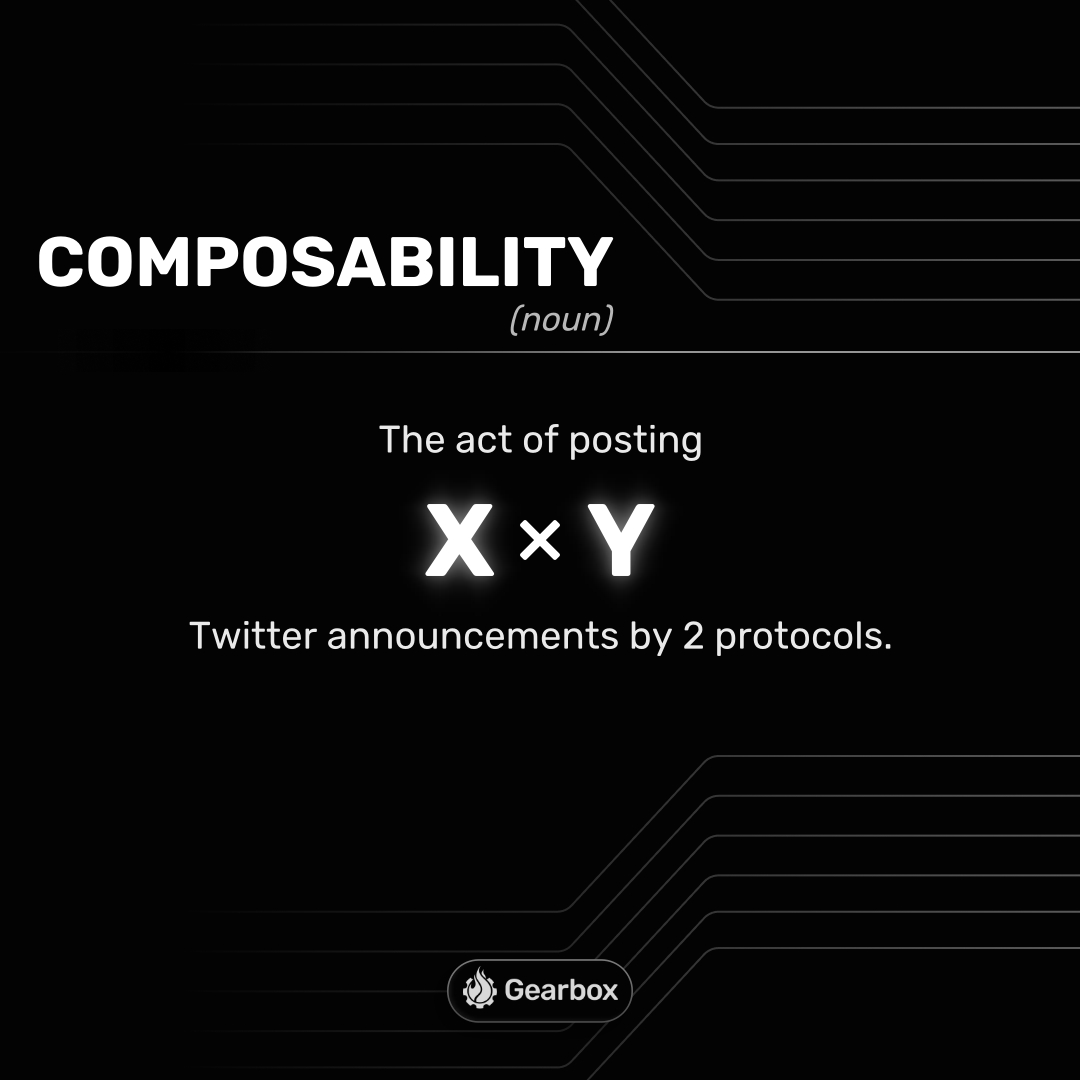 GearboxProtocol's tweet image. Composability (noun): The act of posting X × Y Twitter announcements by protocols.

Sick of it? So are we.

But somewhere along the way, that&apos;s what composability got reduced to: a narrative must-have, a co-marketing mechanism instead of fuel for innovation and efficiency. Case…