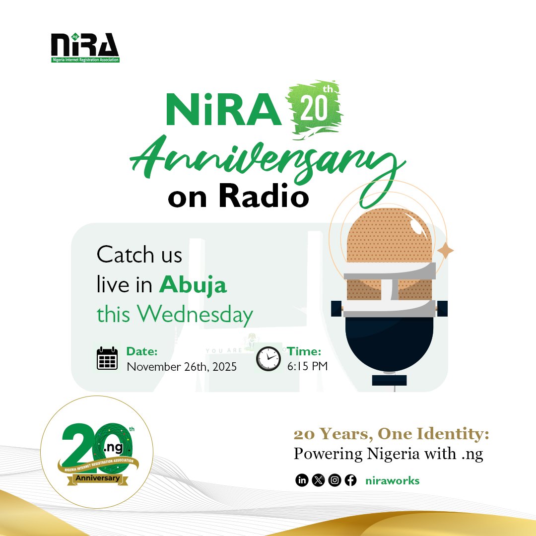 niraworks's tweet image. NiRA is celebrating 20 years of powering our digital identity, and we&apos;re taking the conversation to Abuja LIVE on radio!

Join us today on Nigeria Info Abuja at 6:15 PM as we discuss two decades of empowering thousands online and what you should know about the 20th anniversary.