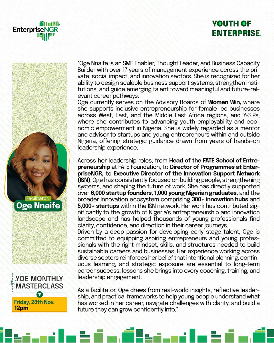 Oge Nnaife is going to be unpacking 17 years of real-world insights, thought leadership,  and business capacity building to give you practical career frameworks. 

You definitely don't want to miss Friday's session. 

#YOE #careerdevelopment #careergrowthtips