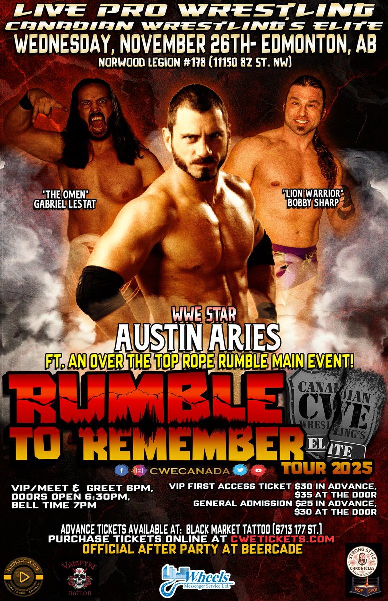 TONIGHT! <a href="/CWECanada/">Canadian Wrestling's Elite</a> Edmonton, Alberta

Ft WWE Star <a href="/AustinAries/">Daniel Healy</a> <a href="/HotshotDannyD/">Hotshot Danny Duggan</a> <a href="/OmenLestat/">The Omen Gabriel Lestat</a> <a href="/BigJessWrestlin/">Big Jesse Youngblood</a> <a href="/ronnieattitude/">Ronnie Attitude</a> <a href="/CrudeOilCodyMac/">Cody Mac</a> <a href="/CrusherAj/">CrusherAJSanchez</a> <a href="/katvonheez/">@Katvonheez</a> <a href="/CanadianGooseKS/">Canadian Goose Kyle Shaw</a> <a href="/shaunmartens/">Headline Shaun Martens</a> <a href="/stevestylesrcw/">Steven Styles</a> <a href="/OfficialCamRoss/">Cam Ross</a>, An Over The Top Rope Rumble Main Event, &amp; more!