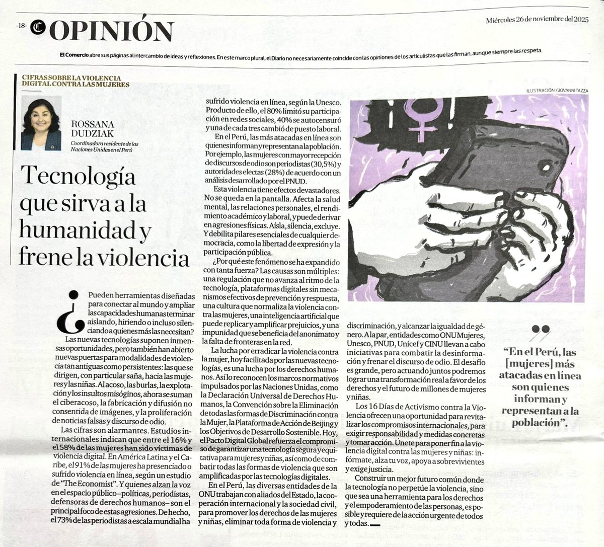 “Construir un mejor futuro donde la tecnología no perpetúe la violencia, sino que sea una herramienta para los derechos humanos es posible”.

📰Artículo de opinión de la coordinadora residente 🇺🇳🇵🇪 en <a href="/elcomercio_peru/">El Comercio</a> 

#NoHayExcusas #16días

peru.un.org/es/306060-tecn…