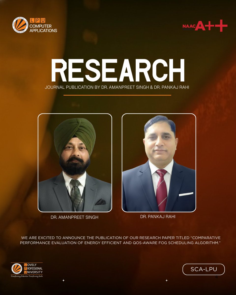 LPUComputerApp's tweet image. Proud to share that Dr. Amanpreet Singh &amp;amp; Dr. Pankaj Rahi from SCA-LPU have published their paper on Energy-Efficient &amp;amp; QoS-Aware Fog Scheduling.
A great contribution to Fog Computing!
#SCALPU #ResearchExcellence #FogComputing #EnergyEfficiency #QoS #TechResearch
