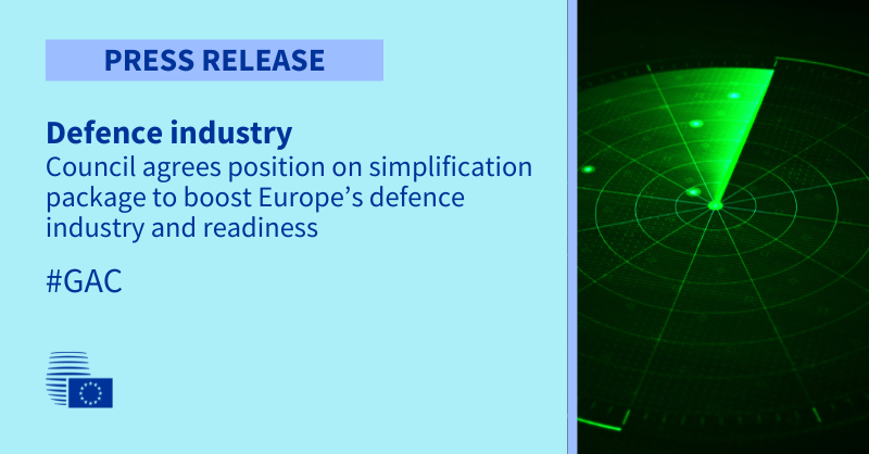 EUCouncilPress's tweet photo. 🇪🇺@eucouncil agrees position on simplification package to boost Europe’s defence industry and readiness.

#GAC

Read our press release👇