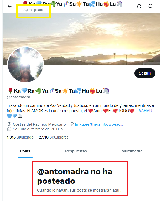 Esta red está bloqueando mi cuenta. A alguien no le gusta lo que escribo. Si ves esto ayúdame con un comentario para romper el algoritmo. Gracias.

This site is blocking my content. Someone doesn't like what I post. If you see this please help me with a comment to break algorithm