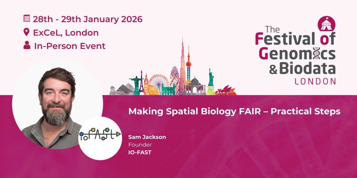 FLGenomics's tweet image. We’re excited to hear from Sam Jackson (Founder, IO-Fast) at The Festival of Genomics and Biodata in London this January! He’ll join an engaging panel discussion on making #spatialbiology FAIR. Register now: hubs.la/Q03VbgX50 #FOG2026