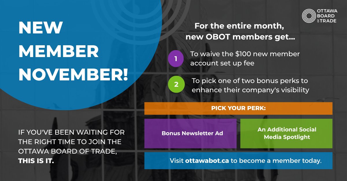 ottawabot's tweet photo. There are only four days left to take advantage of New Member November, and you don’t want to miss it. All November long, we’re waiving the $100 OBOT account setup fee, and new OBOT members get to pick a bonus perk in addition to all the benefits and savings included in our membership levels! Visit https://t.co/TTB7TQTaRQ to join today and learn more about the benefits of membership!