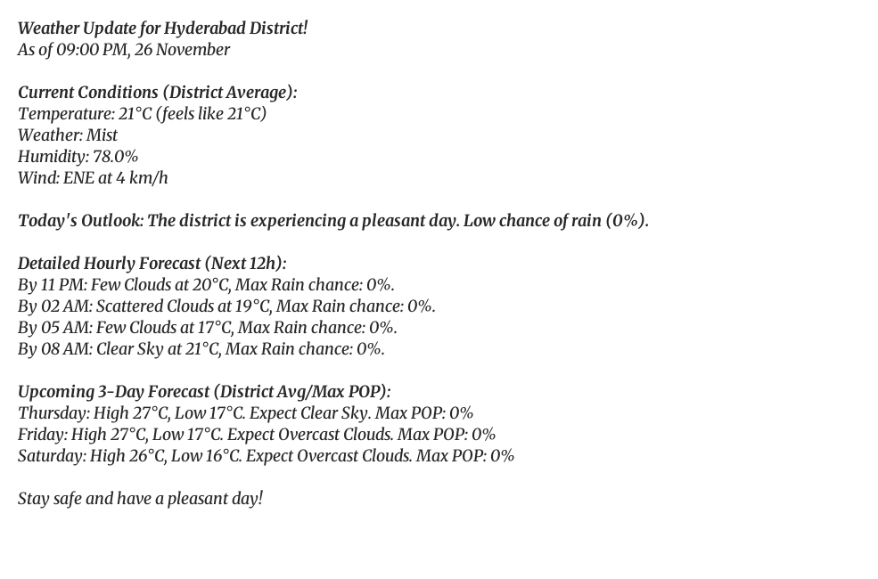 HyderbadWeather's tweet image. Good evening, Hyderabad! 👋
It&apos;s currently 21°C (feels like 21°C) with Mist.
Tomorrow: Clear Sky, high of 27°C.
#weatherupdate #Hyderabad