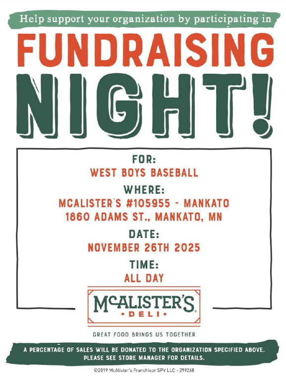 mwscarlet9's tweet photo. Eat at McAlisters and raise funds for Mankato West Baseball today! https://t.co/6DUMbwNjd1