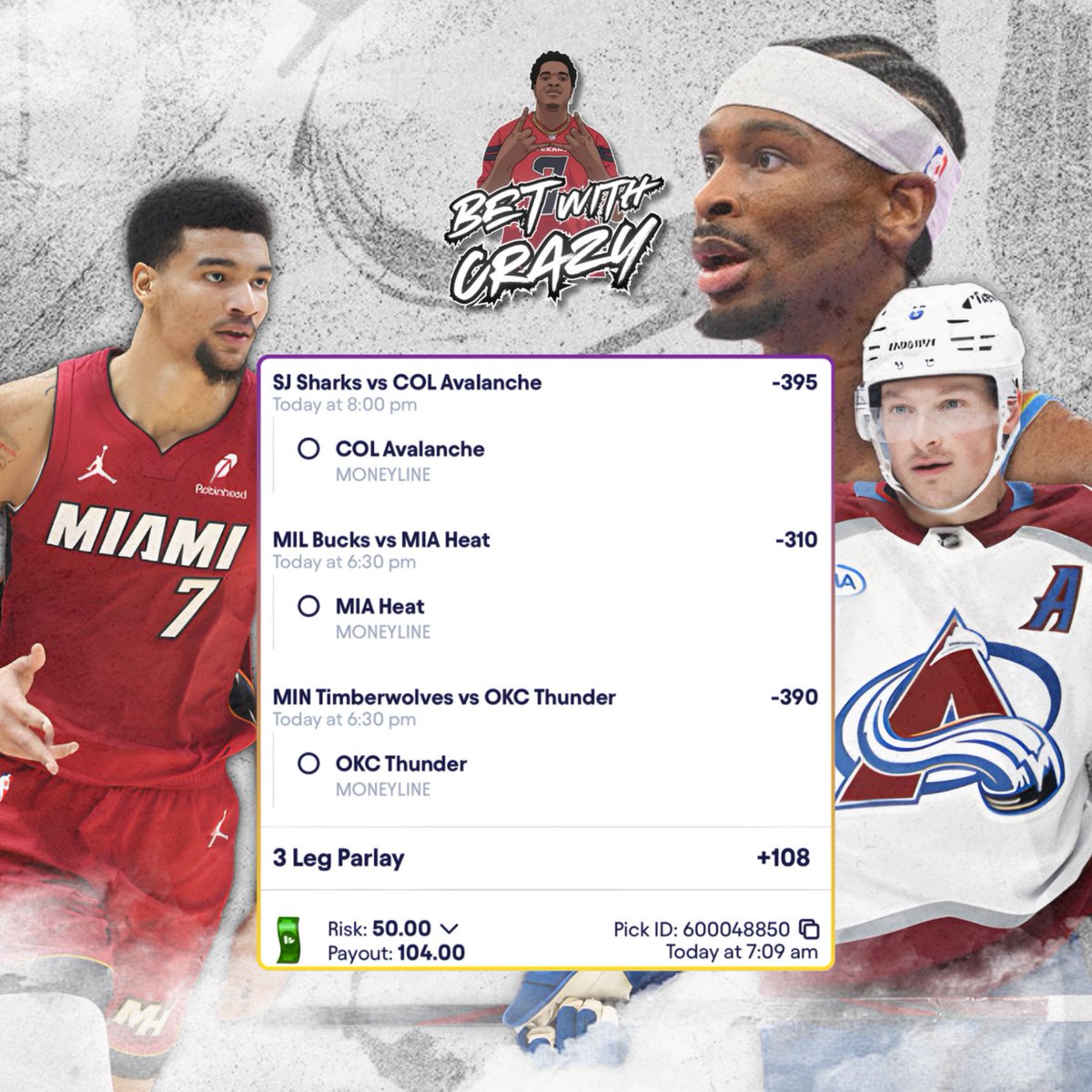 BetWithCrazy's tweet photo. Bet with me let’s wins folks ✅
Let’s take the Avalanche ML with the Heat ML and let’s throw OKC in that bih 🤑🤑.
I will be running a $10 giveaway when this cash X LET’S FUCKING GO 😤😤. So make sure to like this post to be in the giveaway.
#TeamCrazy https://t.co/yFogWiC6qW