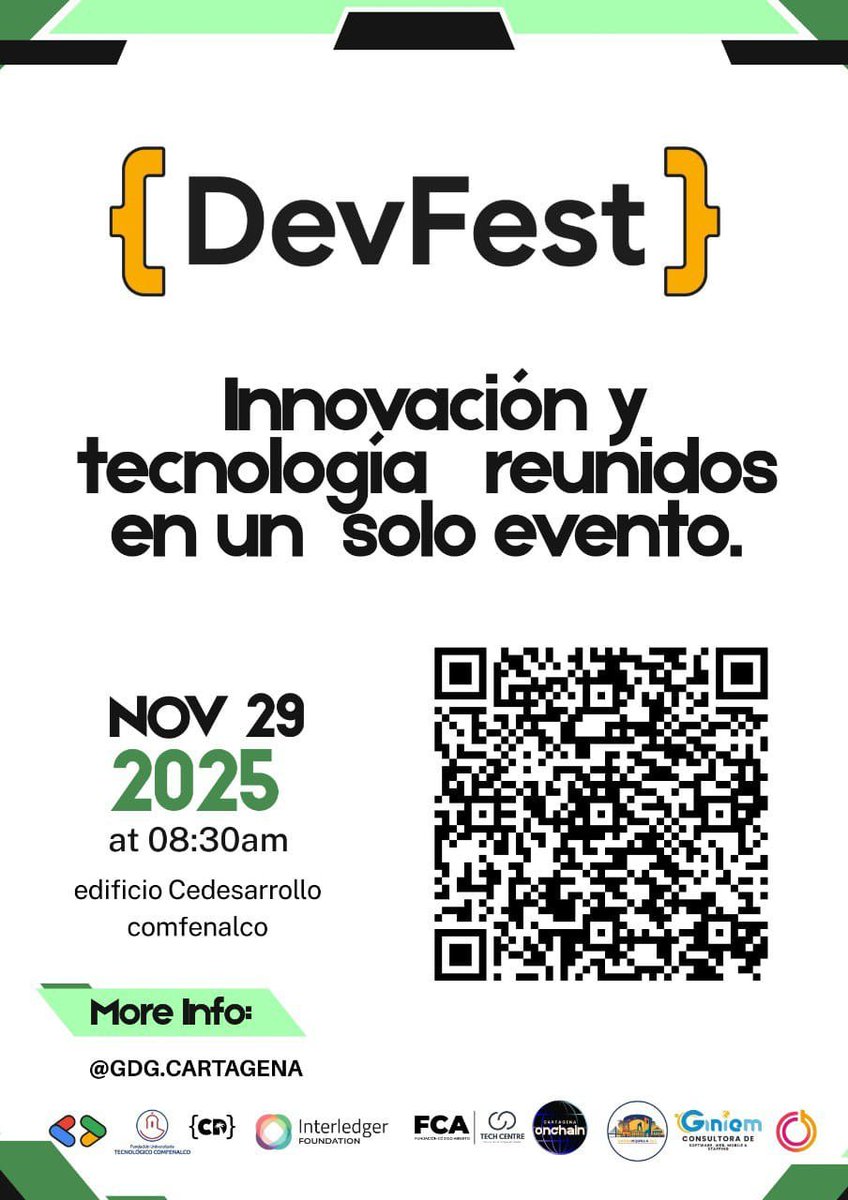 JUGBAQ's tweet image. 🚀 Llega el DevFest Cartagena 2025.
Tecnología, charlas y comunidad en un solo evento.
📅 29 nov – 8:30 AM
📍 Cedesarrollo Comfenalco

🎟️ Regístrate:
 gdg.community.dev/e/mh5xn9/
🔥 Cupos limitados.
ℹ️ Más info: @GDG.Cartagena