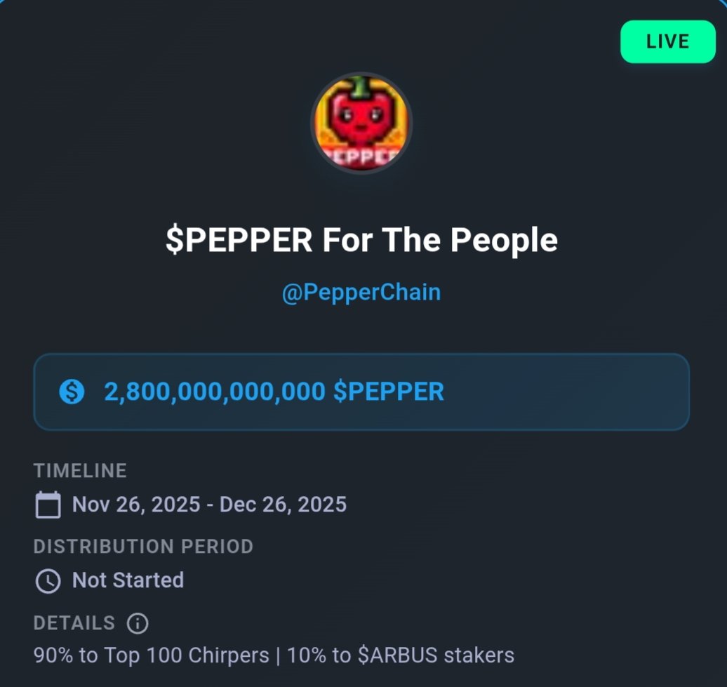 0xcry69's tweet image. $PEPPER campaign is now live on @arbuschirps!

2.8T $PEPPER for the prize pool for the TOP 100 CHIRPERS!
And boost $PEPPER &amp;amp; $ARBUS stakers.

Don&apos;t miss out on spamming positive vibes now 🔥 

Required keyword: @PepperChain $PEPPER

🔗 app.arbus.ai/chirps