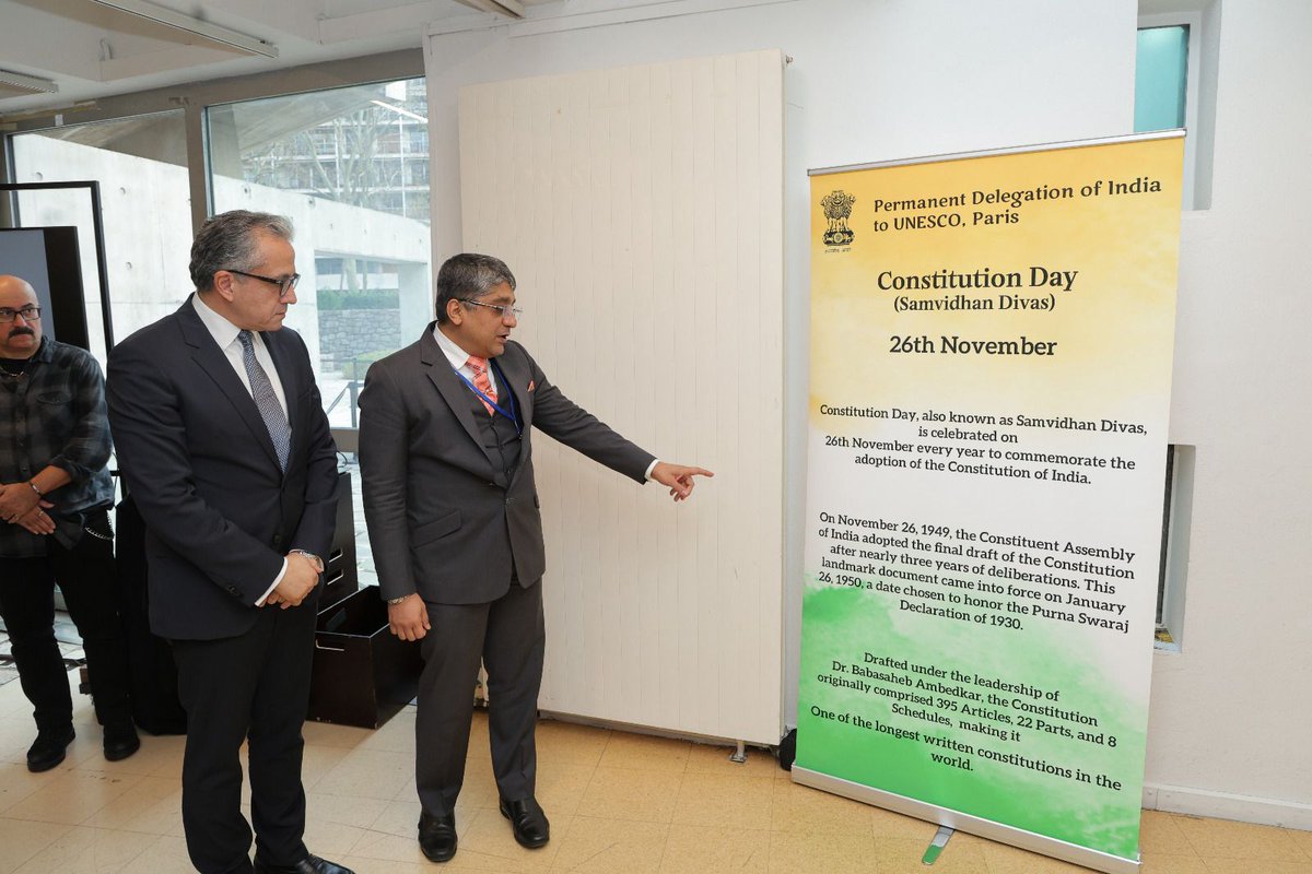 Dev_Fadnavis's tweet photo. A proud moment for Maharashtra and India.

On Constitution Day, the bust of MahaManav BharatRatna Dr. Babasaheb Ambedkar, presented by the Government of Maharashtra, was unveiled at the UNESCO Headquarters in Paris.

महाराष्ट्रासाठी आणि देशासाठी अभिमानाचा क्षण.

संविधान दिनानिमित्त पॅरिस येथील UNESCO मुख्यालयात ‘महामानव’ भारतरत्न डॉ. बाबासाहेब आंबेडकर यांचा महाराष्ट्र सरकारकडून भेट देण्यात आलेल्या अर्धाकृती पुतळ्याचे अनावरण. 

@IndiaatUNESCO
#UNESCO #India #ConstitutionDay