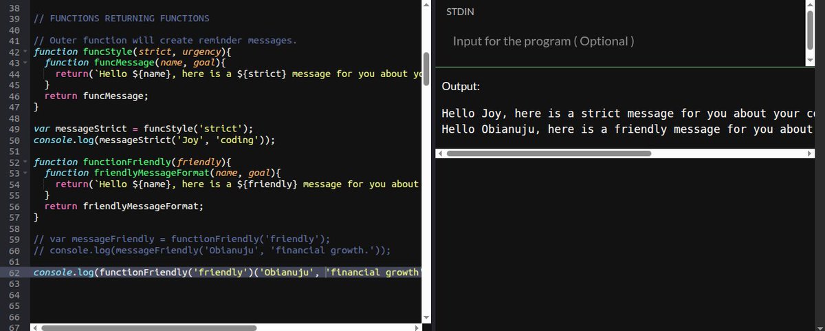 Obianuju_sunday's tweet image. Day 18 — #BackAtItWithJavaScript

Passing functions as arguments? Check.
Functions returning functions? Double check.

A good day it was.