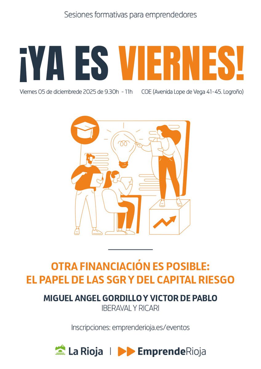 ¿Buscas financiación para tu proyecto? 💡💸
Taller práctico sobre SGR + capital riesgo: qué son, cómo te ayudan y qué oportunidades abren 🚀
Simple, claro y pensado para emprendedores, con <a href="/IBERAVAL/">IBERAVAL, SGR</a> y Ricari

🔗 Inscripciones abiertas. emprenderioja.es/eventos/ya-es-…