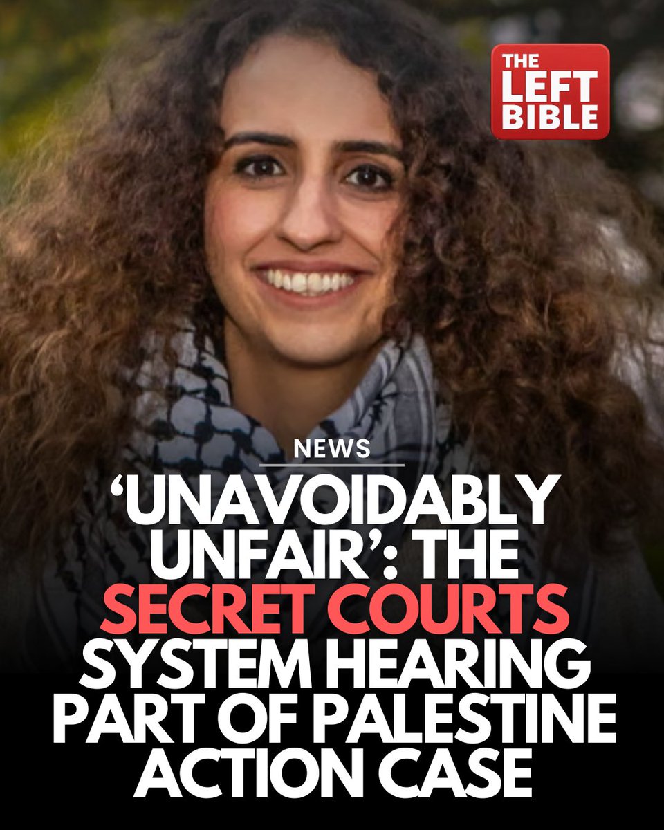 theleftbible's tweet image. At some point in the challenge to the ban on Palestine Action beginning on Wednesday, the co-founder of the direct action group will be asked to leave courtroom five at the Royal Courts of Justice, as will her legal team and most others present. Then the case will continue…