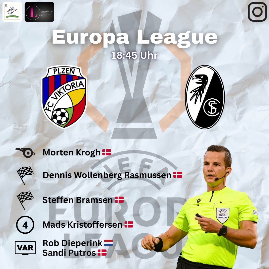 SchiriSpotlight's tweet image. +++ Europa League • 5. Spieltag +++

Morten Krogh 🇩🇰 pfeift die Partie zwischen Viktoria Pilsen 🇨🇿 und SC Freiburg 🇩🇪

📅 27.11.2025 
🕞 18:45 Uhr 
🏟️ Doosan Arena

#EuropaLeague #Referee #MortenKrogh