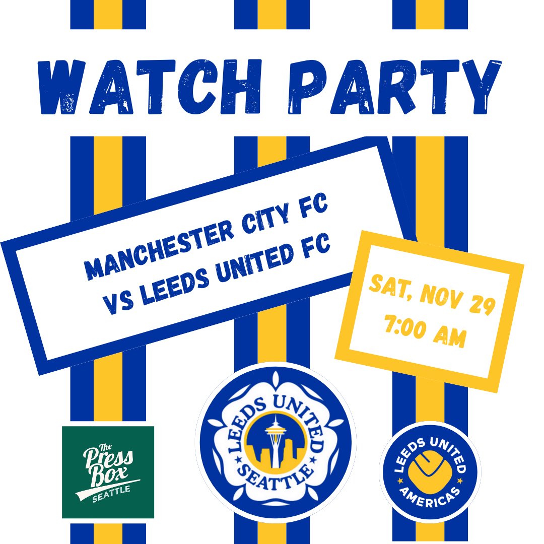 LUFCSeattle's tweet image. Spend this Saturday morning @thepressbox_WA where we’ll watch Leeds battle it out with City.

After the Thanksgiving holiday, this is the perfect reason to leave the in-laws early and to have someone else cook for you!

See you Saturday!

#LUFC #ALAW
