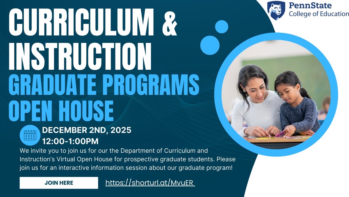 PSU_CollegeOfEd's tweet image. Become a curriculum innovator and instructional leader! 🚀

Join us for our Curriculum &amp;amp; Instruction Graduate Program Open House on Dec. 2 to explore pathways, research opportunities, and community at Penn State.

#PennState #PSUCollegeOfEd #CurriculumAndInstruction