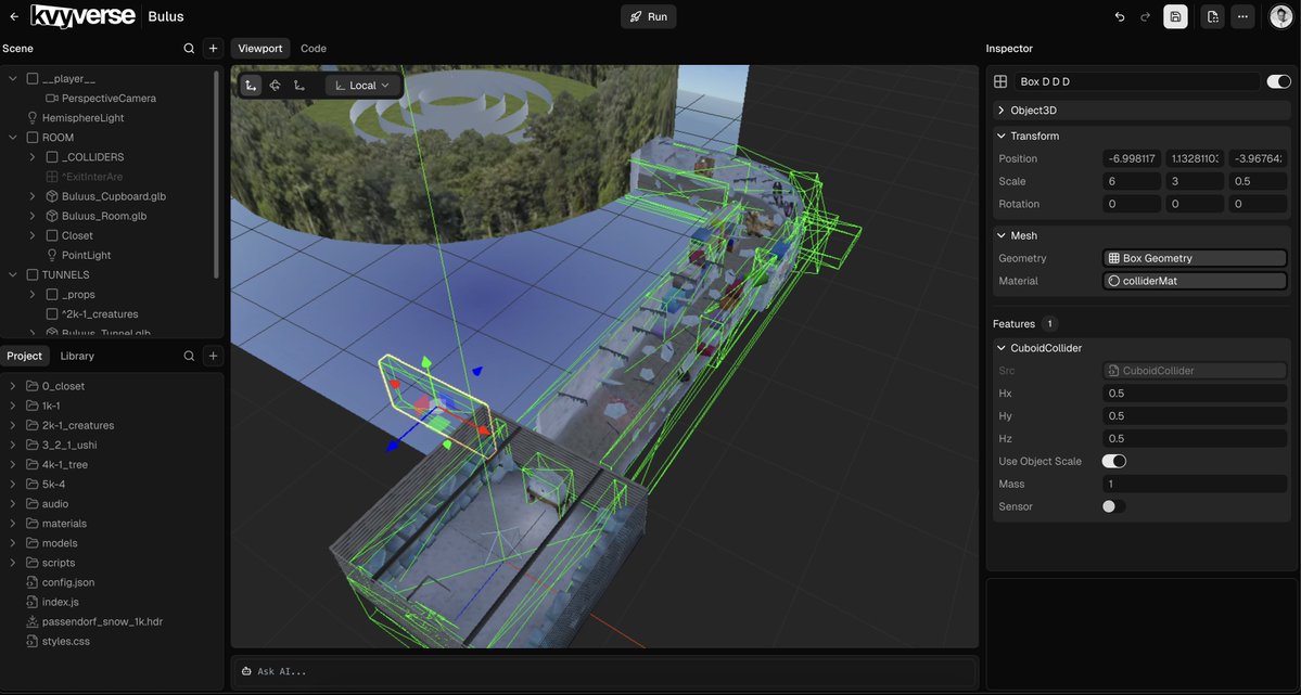 vladkrutenyuk's tweet image. working on colliders for new scene im creating with @kvyverse_ for online festival

finally Ive made collision works good and player controller

btw thats all fully in web! entire game engine

#threejs #kvyverse