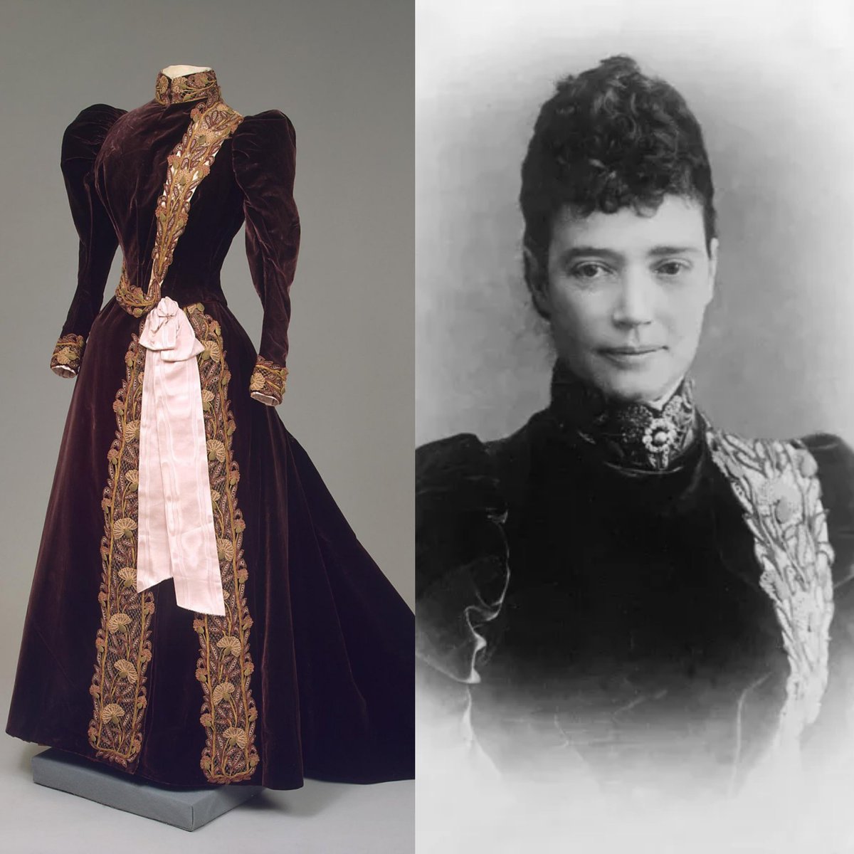 vickyhaddock's tweet image. Maria Feodorovna, Empress of Russia, was born Princess Dagmar in Denmark #OnThisDay in 1847. She wore this House of Worth purple-brown velvet and silk evening dress, decorated with a pink moire ribbon bow, in the 1890s. @hermitage_eng collection. #fashionhistory