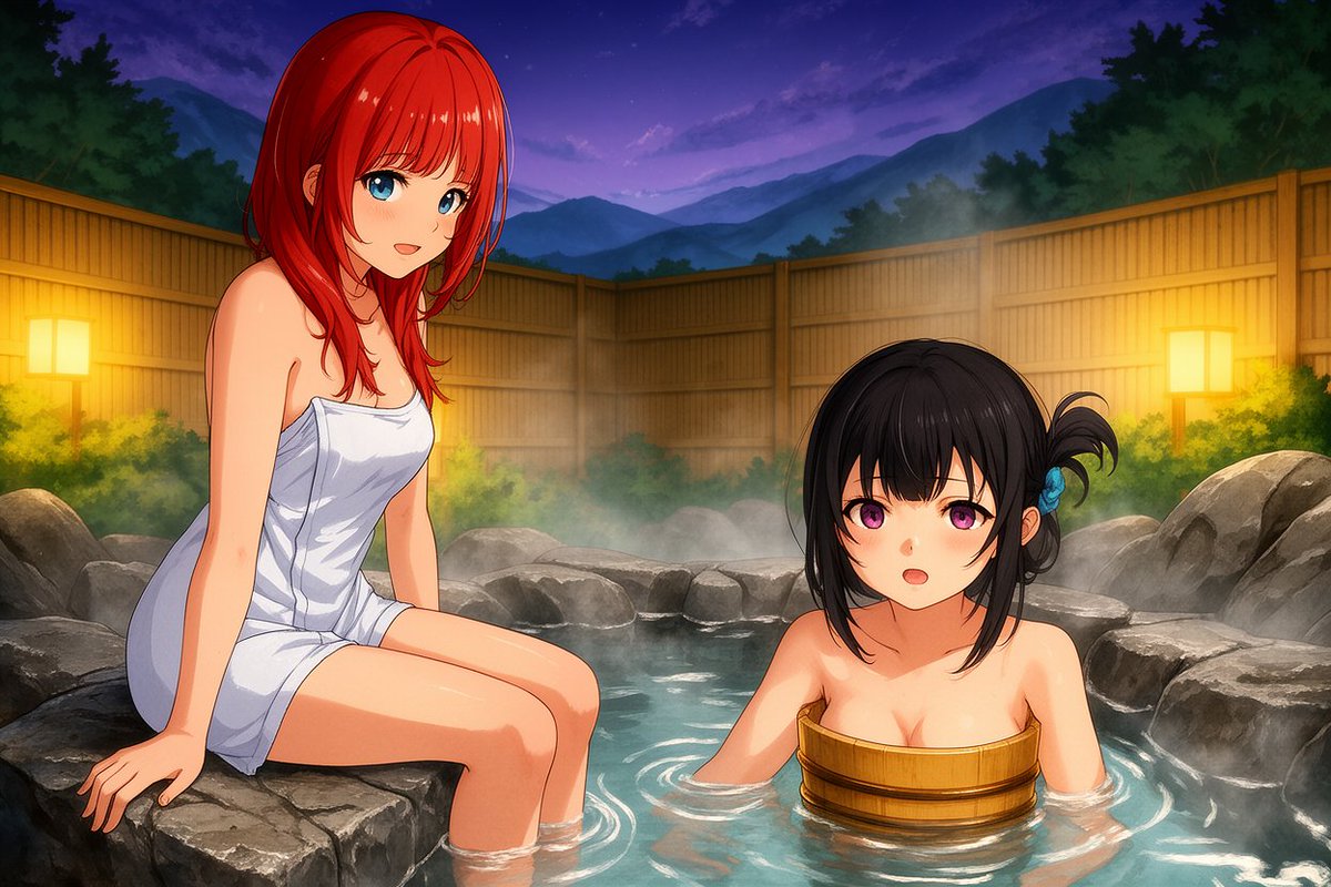 yukyu_haruka's tweet image. 「FLUX.2」
今日生成した
「ビン牛乳の日といい風呂の日」で作った
立ち絵の画像を組み合して温泉に入れたら
桶で胸を隠すネタを披露してくれました