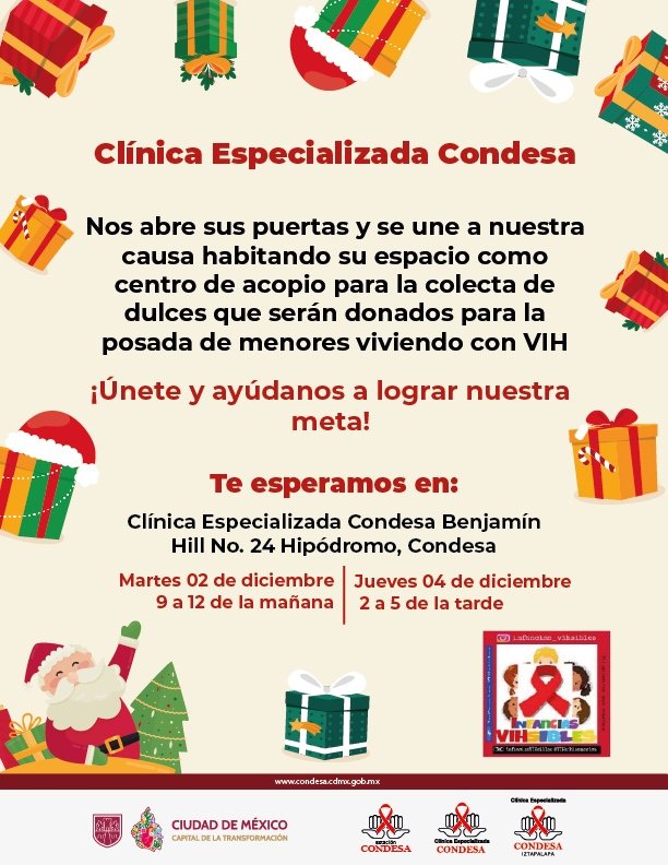 Estaremos ÚNICAMENTE  el 02 y 04 de diciembre recibiendo sus dulces.
Muchas gracias <a href="/CdmxClinica/">ClínicaCondesaCDMX</a> 
<a href="/Alexrivera894/">Alejandro Rivera</a> <a href="/eduardoperezmd/">Dr. Eduardo Perez Alba</a> <a href="/rodrigoarcej/">Rodrigo Arce</a> <a href="/TemistoclesVR/">Temístocles Villanueva</a> <a href="/raulalbores/">Raúl Albores</a> <a href="/TeatroySida/">teatro & SIDA a. c.</a> <a href="/warkentin/">Gabriela Warkentin</a> <a href="/marchavihsida/">Marcha VIH/SIDA CDMX</a> <a href="/MathiasCorreaM/">Mathias Correa</a> <a href="/Alina_Gag/">Alina</a> <a href="/manosamigues/">manos.amigues</a> <a href="/AsvazadourianJP/">Jean-Pierre Asvazadourian</a>