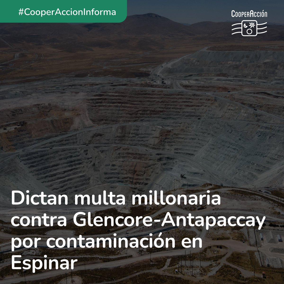 🔴#CooperAccionInforma
OEFA impuso a Glencore–Antapaccay una millonaria multa por exceder los límites de emisiones de PM10. La sanción supera los S/5.5 millones y se sustenta en una investigación que evidencia riesgos severos para la salud en Espinar, donde la población denuncia