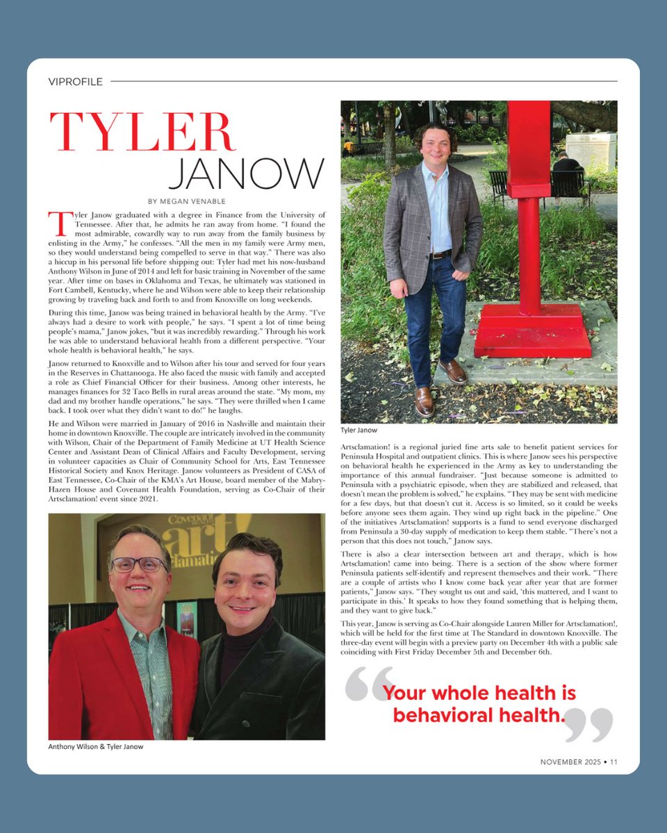 VIP Knoxville magazine's November VIProfile highlights our friend Tyler Janow. MoxCar worked with VIP to place this feature and highlight Tyler’s role as co-chair of Artsclamation! alongside our CEO Lauren Miller, and of course it also shares more about Tyler’s Army service, his