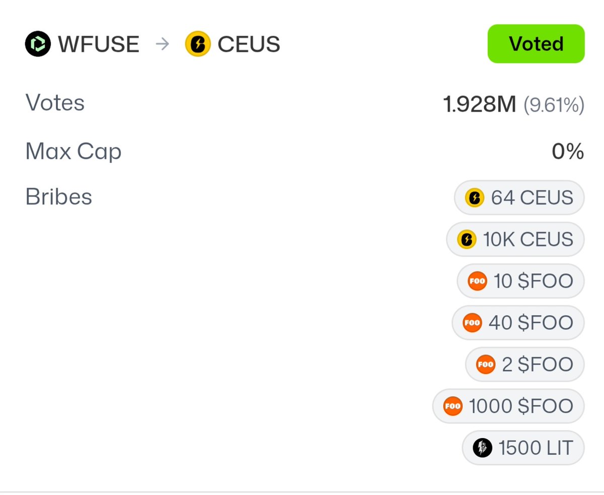 There is almost $500 worth of bribes in the CEUS/wfuse pool. If you want a piece of this use your vevolt and vote for the CEUS/wfuse pool 😁 

Voting ends in 6 days!

voltage.finance/voting/gauges
<a href="/CoineusCrypto/">Coineus⚡️</a> <a href="/Fuse_network/">Fuse Network</a> <a href="/voltfinance/">Voltage Finance ⚡️</a> <a href="/fuseprime1/">fuseprime</a> 
$CEUS $FUSE $VOLT