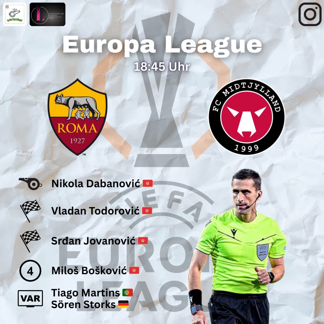 SchiriSpotlight's tweet image. +++ Europa League • 5. Spieltag +++

🖥️ AVAR-Einsatz für Sören Storks 🇩🇪 beim Schiedsrichtergespann aus Montenegro 🇲🇪  zwischen AS Roma 🇮🇹 und FC Midtjylland 🇩🇰

📅 27.11.2025 
🕞 18:45 Uhr 
🏟️ Olympiastadion Rom

#EuropaLeague #Referee #NikolaDabanović