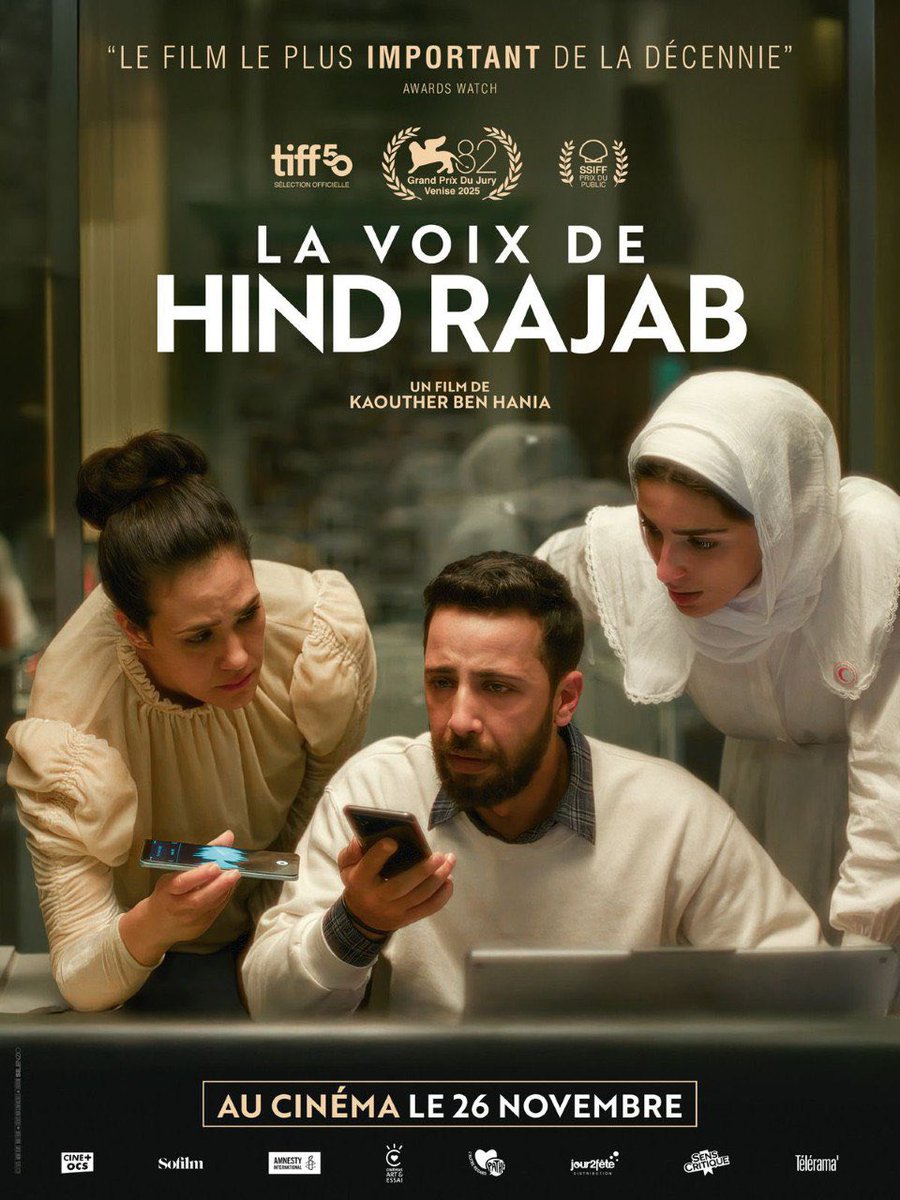 MathildePanot's tweet image. 🎬 La voix de Hind Rajab sort aujourd'hui au cinéma.

Le 29 janvier 2024, Hind Rajab, 5 ans, devient la seule survivante de sa voiture familiale prise au piège et criblée de balles par des chars israéliens lors d'une évacuation forcée.

Entourée des cadavres de son oncle, sa…