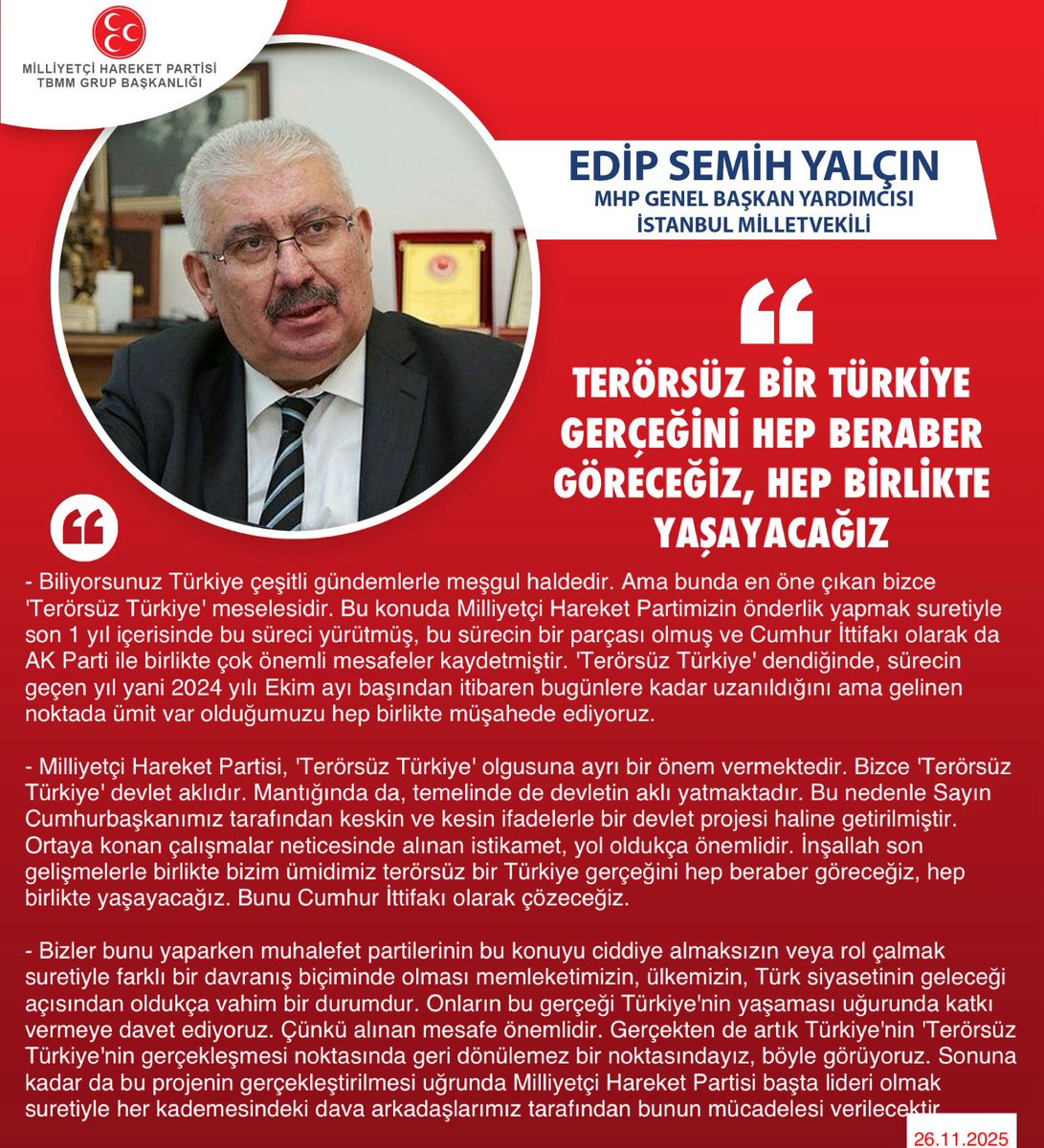 MHP Genel Başkan Yardımcısı ve İstanbul Milletvekilimiz Prof. Dr. E. Semih Yalçın <a href="/E_SemihYalcin/">E. Semih Yalçın</a>: Terörsüz bir Türkiye gerçeğini hep beraber göreceğiz, hep birlikte yaşayacağız