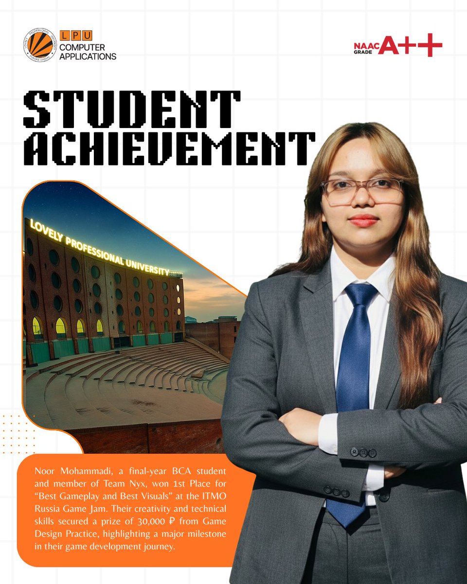 LPUComputerApp's tweet image. Congrats to Noor Mohammadi (BCA) for winning 1st Place for Best Gameplay &amp;amp; Best Visuals at the ITMO Russia Game Jam! 
A proud moment for SCA-LPU!
#StudentAchievement #SCALPU #GameJam #LPUScholars #GameDev