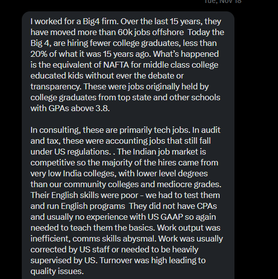 honestpollster's tweet image. ONE Big 4 firm - 60,000 offshored jobs?!

And the dirty little secret is that the labor savings are fake.

AI - Another Indian