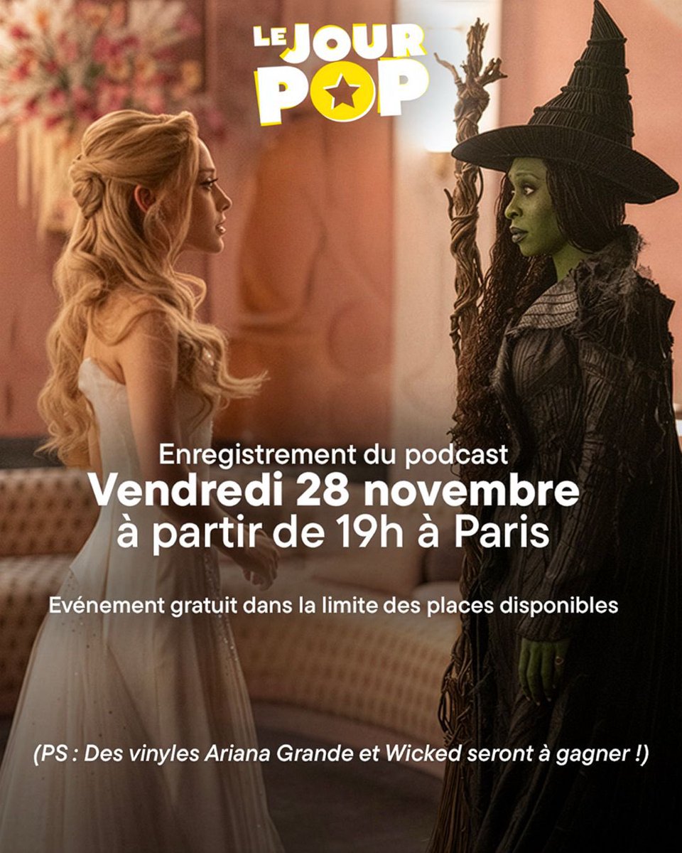 GrandeTourFR's tweet photo. #CONCOURS 🎉 Le média « Le Jour Pop »  lance un podcast spécial autour d’Ariana Grande et de l’univers de Wicked… et on vous fait gagner 5x2 invitations pour assister à l’enregistrement !
📍 Paris, vendredi 28 novembre à 19h assurez-vous de pouvoir être présents.

Pour participer :
🔁 RT
💬 Commente « je participe »
⭐ Être abonné·e au compte

🎁 Des vinyles seront aussi à gagner sur place 👀
🎲 Tirage au sort demain,  bonne chance à tou·te·s 🍀