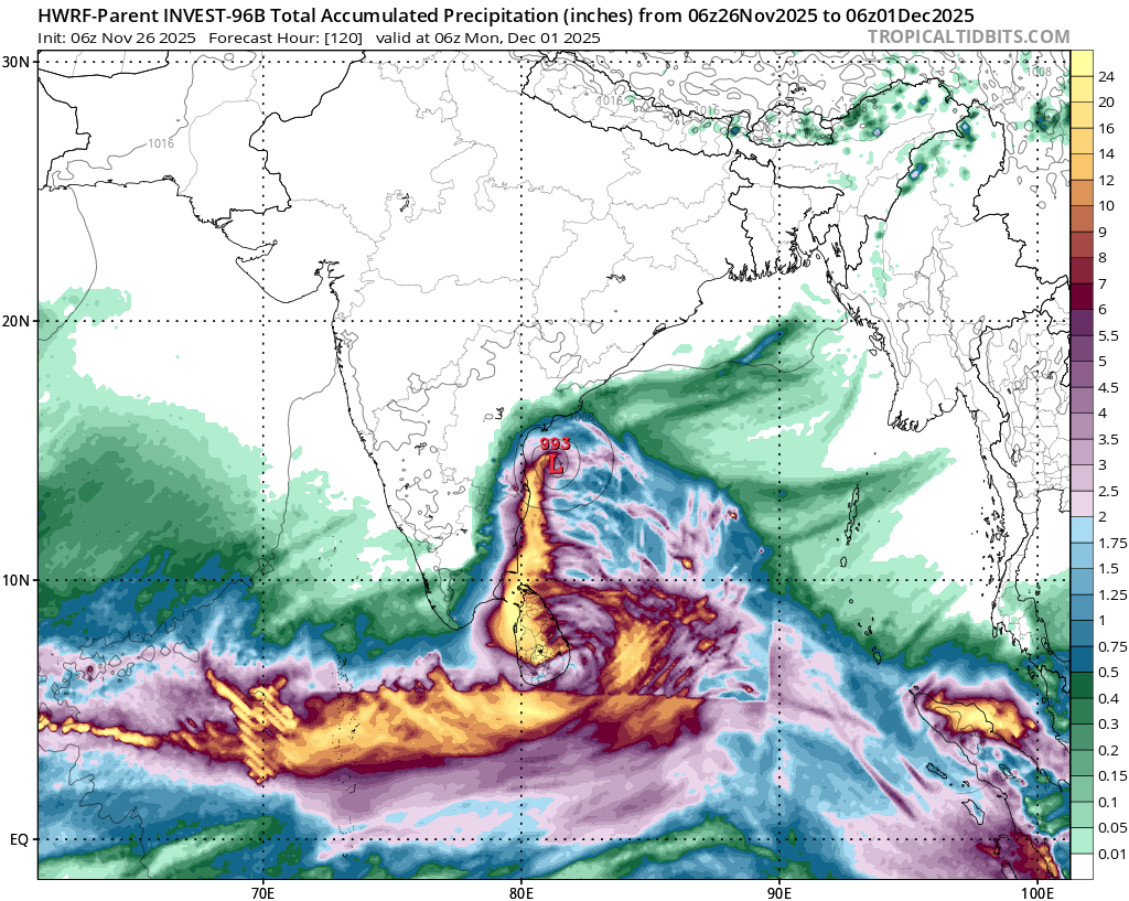 VortixWx's tweet photo. #96B is another TC that could develop. Currently it's S of #SriLanka & will be moving north towards SE #India. How quickly it forms depends on if the center goes directly over ๐ฑ๐ฐ or not. Regardless, extreme flooding is likely for both ๐ฑ๐ฐ & ๐ฎ๐ณ.
#tropicswx #LKAwx #INDwx https://t.co/JZMhFZCW1X