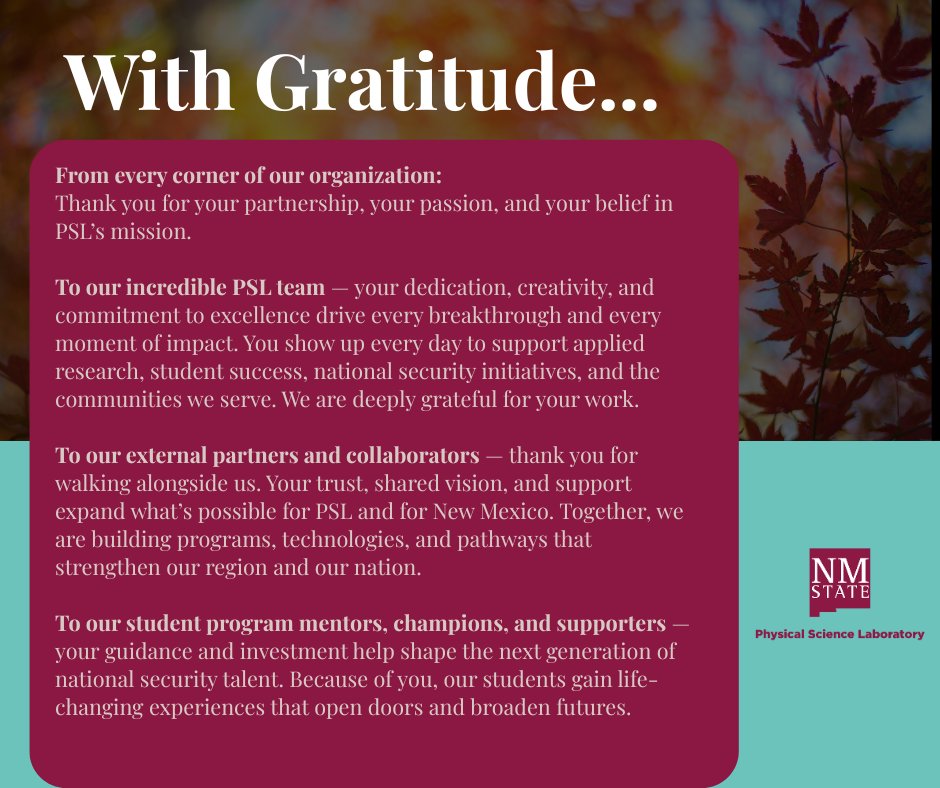 PSLNMState's tweet image. This week, we pause to reflect on the people who make PSL’s mission possible. Thank you for being part of the PSL community.
Wishing you and your families a warm and joyful Thanksgiving.
🦃❤️
#PSLExcellence #Thankful #Gratitude #HappyThanksgiving